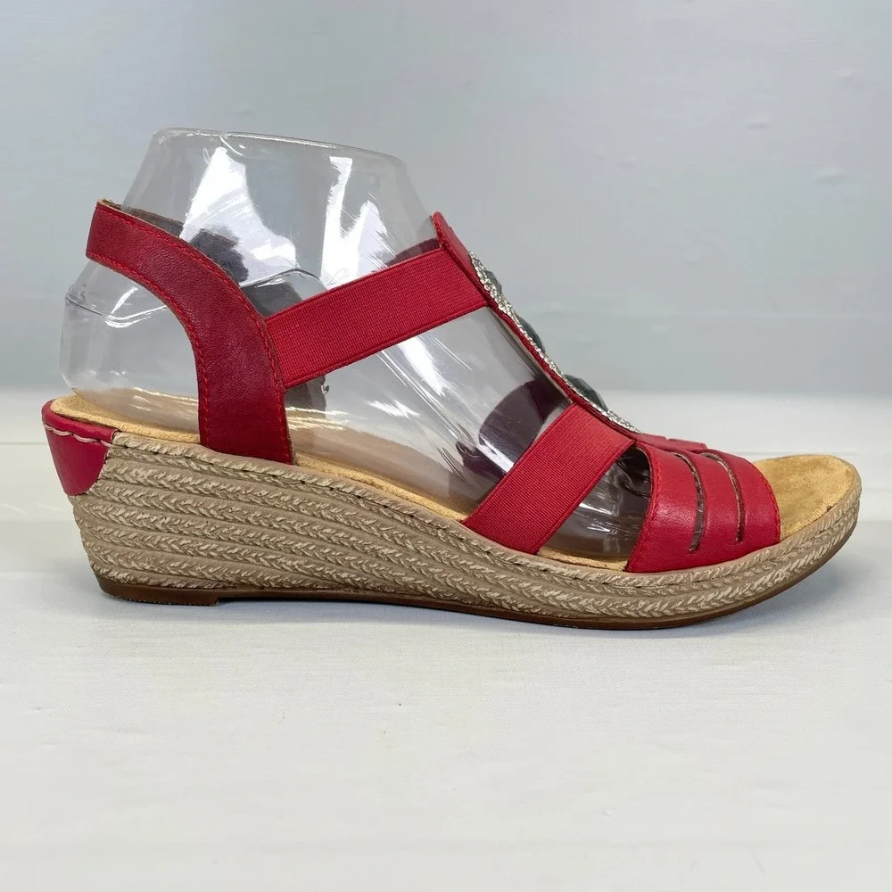 Rieker Wedge Sandals Womens Size 40 US 8.5 Red Leather Slip On Strappy Shoes